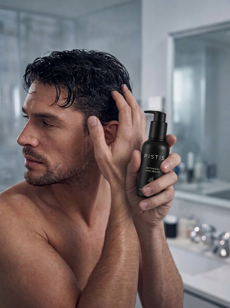 Man holding PISTIS serum while applying it to clean, damp hair