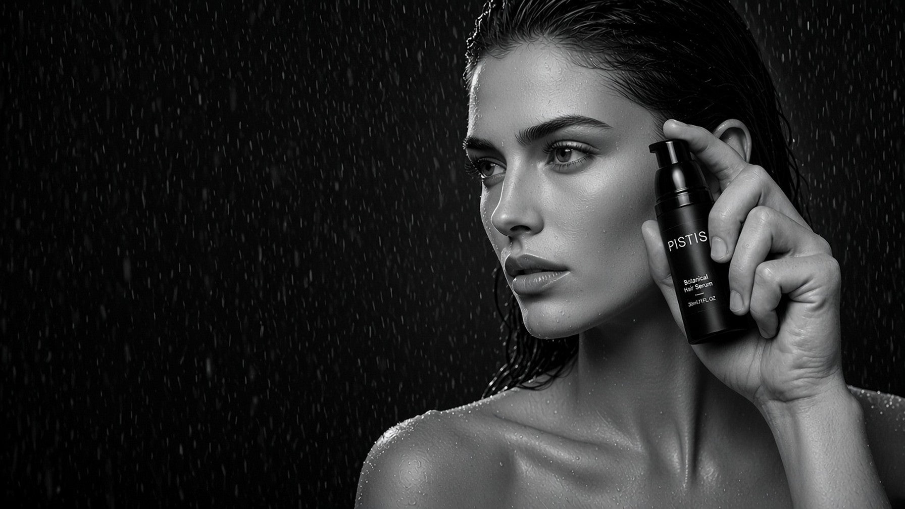 Woman holding PISTIS serum in the rain