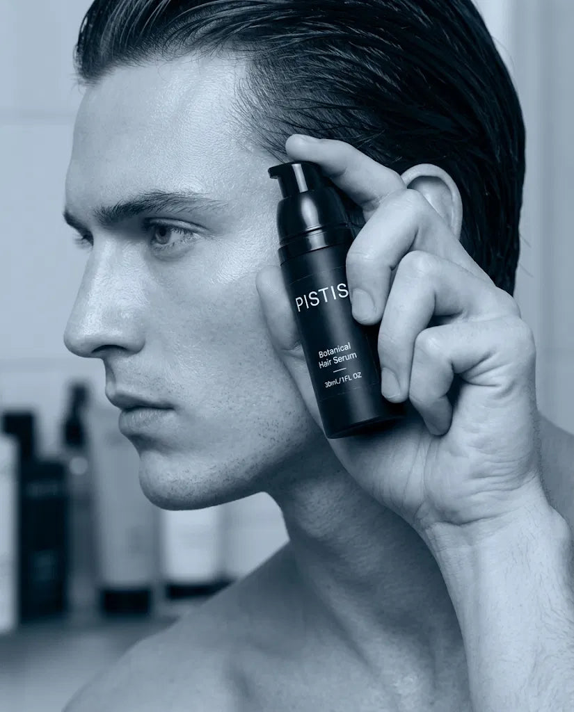 Woman with wet hair holding PISTIS serum